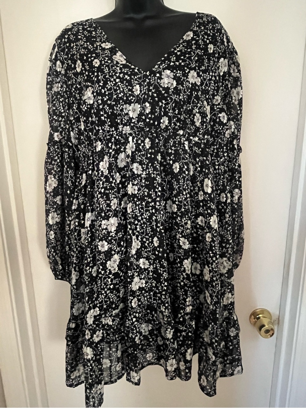 And Now This Black and Cream Floral Women's Dress - V-Neck Long Sleeve